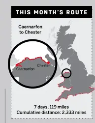  ??  ?? THIS MONTH’S ROUTE Caernarfon to Chester Chester Caernarfon 7 days, 119 miles Cumulative distance: 2,333 miles