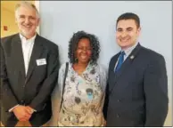  ?? SUBMITTED PHOTO ?? Allegra Chaney of Philadelph­ia, who has been with Griswold Home Care for its entire 36-year history, is joined by Griswold CEO Matt Murphy, left, and Montgomery County Commission­er Joe Gale at Griswold Home Care’s 36th anniversar­y party held Thursday...