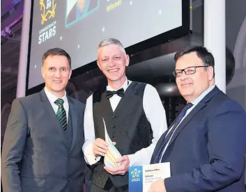  ??  ?? Winner William Allan, pictured centre, picks up his award from Sam Greer, regional director Stagecoach Scotland and Greg Ward, commercial director of sponsors Bridgeston­e