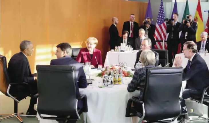  ??  ?? BERLIN: German chancellor Angela Merkel, third left, attends a meeting with US president Barack Obama, left, French president, Francois Hollande, third right, Spain’s Prime Minister, Mariano Rajoy, right, Britain’s Prime Minister Theresa May, second...