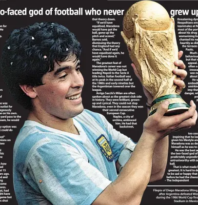  ?? – AFPPIX ?? Filepix of Diego Maradona lifting the World Cup
after Argentina defeated West Germany 3-2 during the 1986 World Cup final at the Azteca
Stadium in Mexico City.