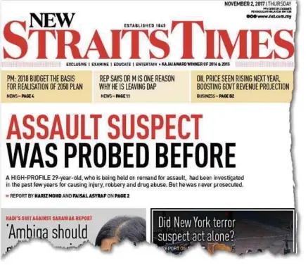  ??  ?? The ‘New Straits Times’ front-page report on the Datuk Seri’s alleged past criminal cases yesterday.