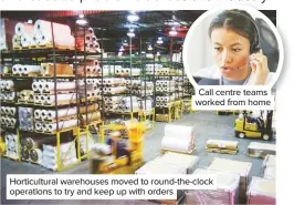  ??  ?? Call centre teams worked from home
Horticultu­ral warehouses moved to round-the-clock operations to try and keep up with orders