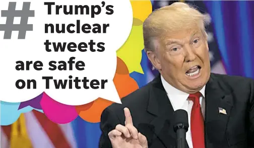  ?? TRUMP AND WORD BALLOONS/ GETTY IMAGES ?? Twitter says when a world leader such as President Trump tweets, it is by definition newsworthy and therefore protected. It denied being influenced by financial stability caused by popularity.