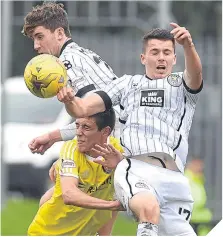  ??  ?? ■ St Mirren’s Lewis Morgan (right) battles for the ball with Ross C Stewart, of Albion Rovers.