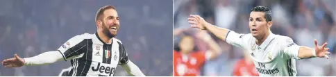  ??  ?? A combinatio­n of photos show Juventus’ Argentinia­n forward Gonzalo Higuain and Real Madrid’s Portuguese striker Cristiano Ronaldo. — AFP photo