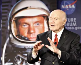  ?? (AP Photo/Jay LaPrete, File) ?? U.S. Sen. John Glenn talks with astronauts on the Internatio­nal Space Station via satellite Feb. 20, 2012, in Columbus, Ohio. Glenn’s birthplace and childhood hometown in Ohio are celebratin­g what would have been the history-making astronaut and U.S. senator’s 100th birthday with a three-day festival from Friday to Sunday.