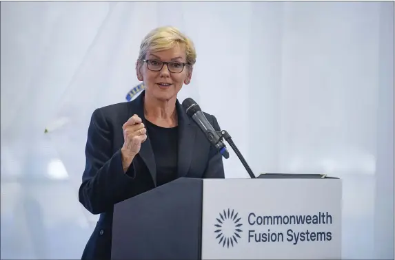  ?? AMANDA SABGA — BOSTON HERALD ?? U.S. Secretary of Energy Jennifer Granholm speaks at Commonweal­th Fusion Systems’ official opening for its new campus on Friday.