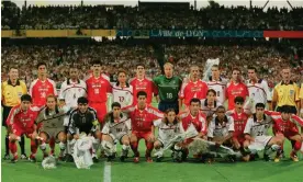  ?? Photograph: Jérôme Prévost/Corbis/VCG/Getty Images ?? The Iran and USA teams line up before their match at the World Cup in 1998.