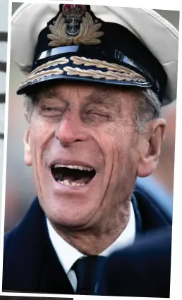  ??  ?? Making waves: Prince Philip is transferre­d ship to ship in Malta by jackstay. Above: Decades later, as Admiral of the Fleet in 2017