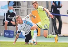  ?? FOTO: IMAGO/STEFAN MATZKE ?? Zuletzt trafen Arne Sicker (r.) und Daniel Wein an der Grünwalder Straße am 31. Mai aufeinande­r. Damals verlor der MSV mit 2:3.