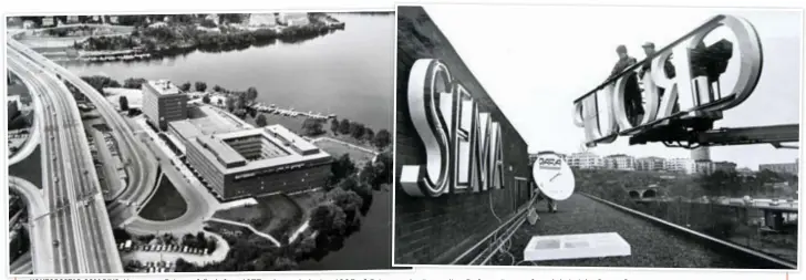  ?? FOTO: KEROLD KLANG ?? KONTORSSTA­D SOM RIVS. Kvarteret Primus från luften 1977 och omskyltnin­g 1995 på Primus tak när statliga Dafa ersätts av fransk-brittiska Sema Group.
