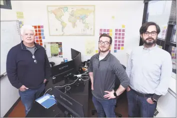  ?? Arnold Gold / Hearst Connecticu­t Media ?? From left, Kevin Hart, founder and president of Green Check Verified; Mike Kennedy, director of product strategy; and Paul Dunford, director of customer experience, at their Science Park offices in New Haven.