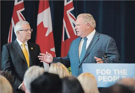  ?? CHRISTOPHE­R KATSAROV
THE CANADIAN PRESS ?? Ontario Finance Minister Vic Fedeli, left, looks on as Premier Doug Ford speaks to members of his caucus in Toronto on Monday.