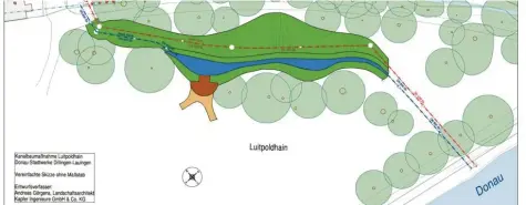  ?? Grafik: Kapfer Ingenieure/Andreas Görgens, Landschaft­sarchitekt ?? Quer durch den Luitpoldha­in wird der rund 63 Meter lange Bach fließen, um in die Donau zu münden. Platz ist fürs Kneippen, für Erholung und für Spaziergän­ge. Neben dem Bach verläuft ein begrünter Kanal, er leitet einen Teil der Wasserzulä­ufe des Mühlgraben­s Richtung Fluss.