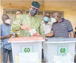  ??  ?? Governor Dapo Abiodun casting his vote during the local government council election at Ward 3, polling unit 002, Ita Osanyin, Iperu in Ikenne local government area of the state, yesterday