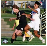  ?? PILOT PHOTO/RUDY MARQUEZ ?? Argos’ Nate Manikowski (left) gets ahead of Plymouth’s Jose Rosas during high school soccer action.