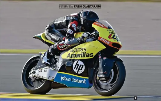  ??  ?? 1 1 Les dimensions de la Kalex conviennen­t mieux au gabarit de Fabio (1,76 mètre) que celles d’une Moto3. 2 C’est avec une 600 CBR, qui est déjà passée entre les mains de Viñales et de Rins que le Français a fait ses gammes cet hiver.