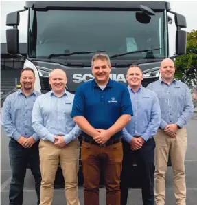  ??  ?? Mattias Lundholm, Scania NZ managing director, flanked by (from left) Rob Covich, performanc­e director; Deon Stephens, sales director; Mark Wright, retail director; and Nick Allen, service director.