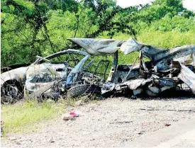  ??  ?? The wreckage of the Toyota Corolla that was involved in yesterday’s accident.