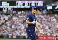  ?? JACK DEMPSEY - THE ASSOCIATED PRESS ?? American League’s Aaron Judge, of the New York Yankees, advances to third on a double by Rafael Devers, of the Boston Red Sox, during the second inning of the MLB All-Star baseball game, Tuesday, July 13, 2021, in Denver.