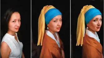  ?? — Reuters photos ?? A combinatio­n picture shows makeup artist He Yuhong, also known as ‘Yuya’, posing without her makeup and garments (left), and without her makeup (center) following her transforma­tion (right) into the ‘Girl with a Pearl Earring’, the 17th century oil painting by Dutch painter Johannes Vermeer, at her house in Chongqing, China.