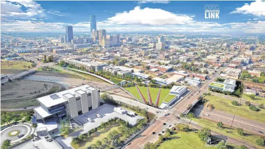  ?? [DRAWING BY MILES ASSOCIATES] ?? A proposed OKC Innovation Link would expand bridges at NE 10 and NE 13 to allow for commercial developmen­t along each side of the Interstate 235 overpasses. The plan also suggests capping I-235 with a park and adding a pedestrian bridge to connect NW 9...