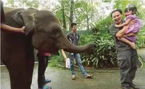  ?? SAMUNTING
PIC BY EDMUND ?? Ivy Steffanny Ching is carried by her father, Ching Chee Boon, at the Lok Kawi Wildlife Park in Kota Kinabalu yesterday.