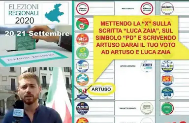  ??  ?? Sindrome veneta
A sinistra lo screenshot del video di Artuso (candidato Pd) in cui si spiega la possibilit­à del voto disgiunto, in regione molti hanno intenzione di votare Zaia pure dall’area di centrosini­stra