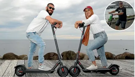  ?? MAIN PHOTO: GLENN JEFFERY/STUFF ?? Ahmed Al-jumaily and Tima Al-saedy with their Blip scooters on the Coastal Walkway. Inset: New Plymouth mayor Neil Holdom used a Lime scooter in Auckland and is keen to see the technology in Taranaki.