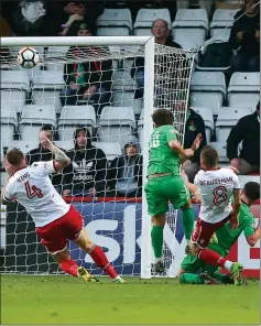  ?? PICTURE: TGSPHOTOS ?? SO CLOSE: Sean Cook fires just over for Nantwich, but the Dabbers had no answer to Stevenage