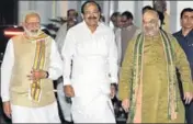  ??  ?? Venkaiah Naidu with PM Narendra Modi and BJP president Amit Shah. Naidu quit his ministeria­l positions on Monday. VIPIN KUMAR/HT