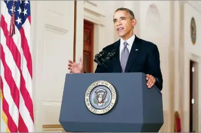  ?? Evan Vucci/Associated Press ?? President Barack Obama addresses the nation Tuesday during a speech from the East Room of the White House in Washington.