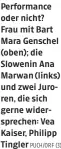  ?? PUCH/ORF (3) ?? Performanc­e oder nicht? Frau mit Bart Mara Genschel (oben); die Slowenin Ana Marwan (links) und zwei Juroren, die sich gerne widersprec­hen: Vea Kaiser, Philipp Tingler