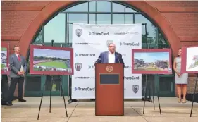  ?? STAFF FILE PHOTO ?? Sean McDaniel, president of the Chattanoog­a Red Wolves, speaks about the new soccer complex that is proposed for a site in East Ridge during an April 25, 2019 press conference at East Ridge City Hall in East Ridge, Tennessee.
