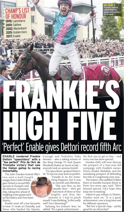  ??  ?? EN PARTY Frankie Dettori celebrates his landmark victory on Enable