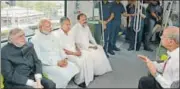  ?? HT PHOTO ?? (From left) Kerala governor P Sathasivam, PM Narendra Modi, CM Pinarayi Vijayan, Union minister Venkaiah Naidu and Metro Man E Sreedharan take a ride in the Kochi Metro on Saturday.