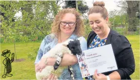  ??  ?? Cash boost Veda (left) met with Maggie’s volunteer Suzanne MacCrimmon and a lamb, born at Witches Craig on the day Maggie’s opened in Forth Valley