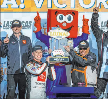  ?? ?? L.E. Baskow Las Vegas Review-journal @Left_eye_images John Hunter Nemechek, left, celebrates after leading a race-high 99 laps in The LIUNA Xfinity race.