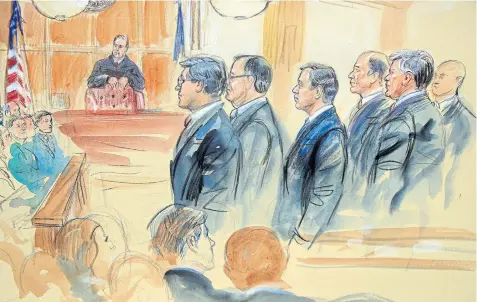 ??  ?? ALL STAND FOR THE BOSS: This courtroom sketch depicts Paul Manafort, fourth from right, standing with his lawyers in front of US district Judge TS Ellis III, centre rear, and the jury.