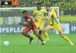 ??  ?? Action during the Indian Super League match between Kerala Blasters and Jamshedpur FC in Kochi on Friday. —
