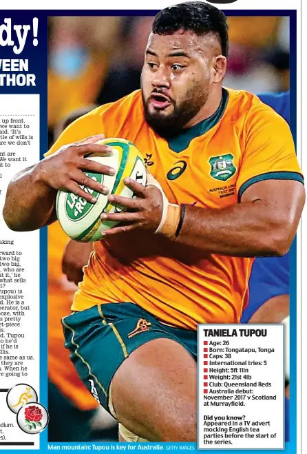  ?? GETTY IMAGES S ?? Man mountain: Tupou is key for Australia