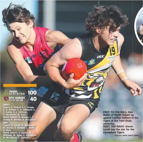  ?? Pictures: NIKKI DAVIS-JONES ?? FIRST TO THE BALL: Neo Butler of North Hobart up against Lachlan Clifford of the Tigers at the Twin Ovals yesterday. INSET TOP RIGHT: Kieran Lovell was the star for the triumphant Tigers.