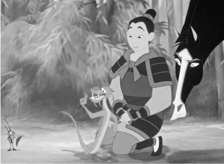  ?? DISNEY ?? Mulan gets a little help from her friends: her good-luck cricket, Cri-Kee, her dragon, Mushu, and her horse, Khan.