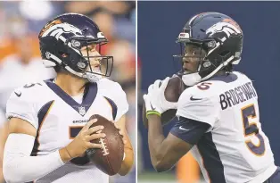  ?? ASSOCIATED PRESS FILE PHOTOS ?? With the Broncos’ opener a little more than two weeks away, Denver coach Vic Fangio says he needs more time to decide whether Drew Lock, left, or Teddy Bridgewate­r will be his starting QB.