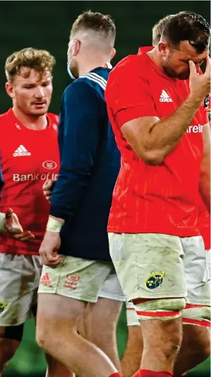  ??  ?? SAME OLD STORY: Tadhg Beirne of Munster (centre) after an all-too-familiar loss to Leinster in the semi-finals of the PRO 14 at the Aviva in Dublin on Friday evening