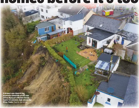  ?? Photo by John Kelliher ?? A drone’s eye view of the dramatic landslide at the rear of Ena Bunyan’s Market Street home in Listowel, high above the River Feale.