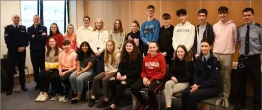  ??  ?? The visiting students at Wexford Garda Station with Garda members Sergeant Denis Murphy, Garda David Fitzgerald, Garda Cliodhna Joyce and Garda Denis Costello.