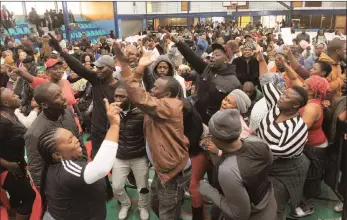  ?? PICTURE: TRACEY ADAMS/AFRICAN NEWS AGENCY (ANA) ?? Gugulethu residents chant at an imbizo yesterday following the dismantlin­g of homes by law enforcemen­t agencies. The homes were erected on privately owned land.