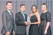  ?? [PHOTO PROVIDED] ?? From left, Brody Smith, 14; Bryce Riddle, 16; Faith Lorenz, 15; and Emma Adams, 14, members of Noble’s Students Working Against Tobacco, were honored with a national award for their efforts to fight tobacco use among youth.